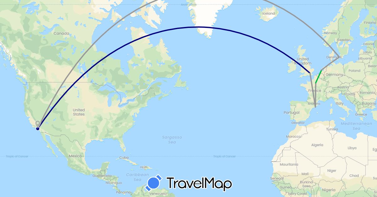 TravelMap itinerary: driving, bus, plane in Denmark, Spain, France, United Kingdom, Netherlands, United States (Europe, North America)